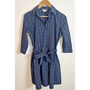 Lands End Canvas Plaid Shirt Dress Sz 2‎ Blue Green Button Up Long Sleeve